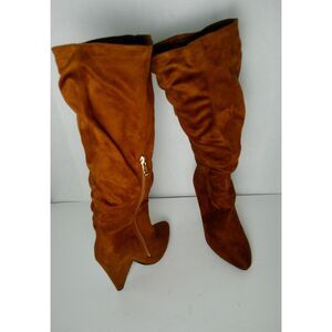 ITALINA COGNAC SUEDE TRIANGLE SHAPED 4" HEEL KNEE HIGH BOOT. WOMEN 8
